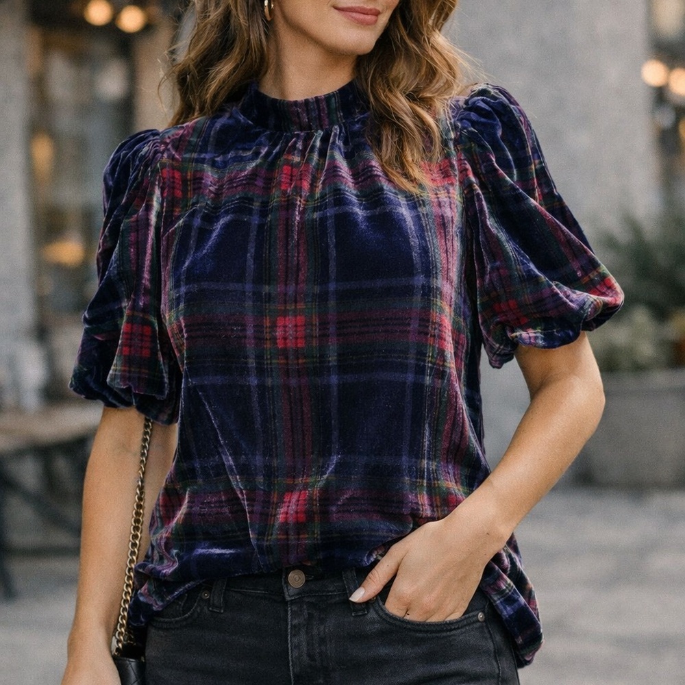 Boden Velvet Plaid Puff Sleeve Top - Navy, Red & Green size US 4 UK 8
